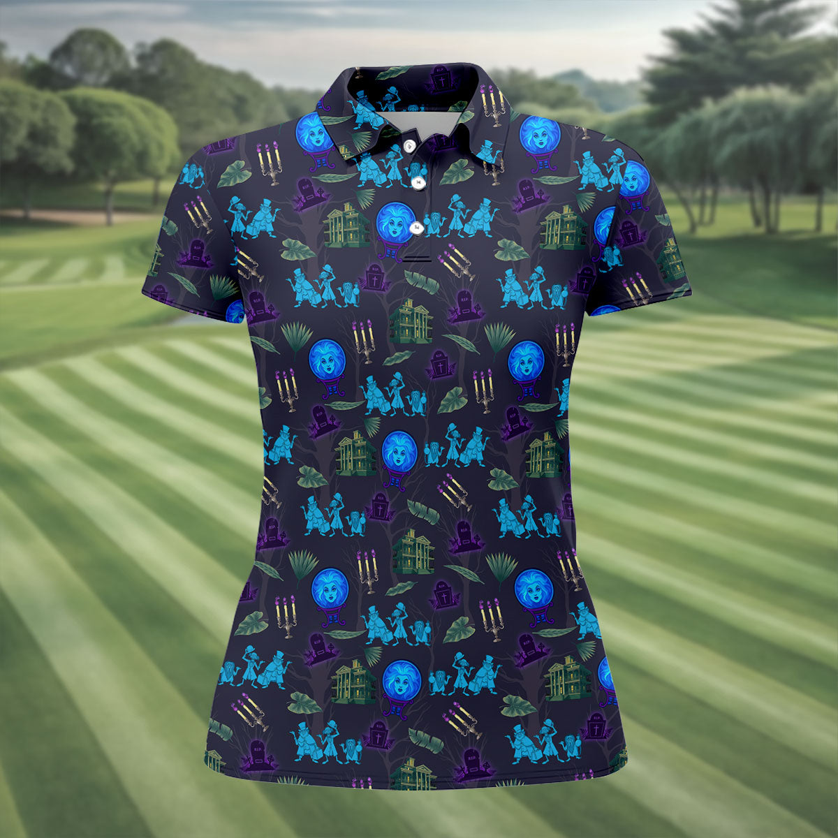 Crystal Ball Ghost Trio Halloween Polo Shirt, Printed Golf Shirt, Women’s Golf Apparel
