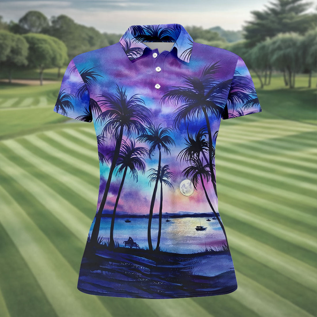 Moonlit Tropical Beach Palm Tree Golf Shirt, Women's Golf Shirt, Hawaiian Golf Shirt, Golf Polo For Women