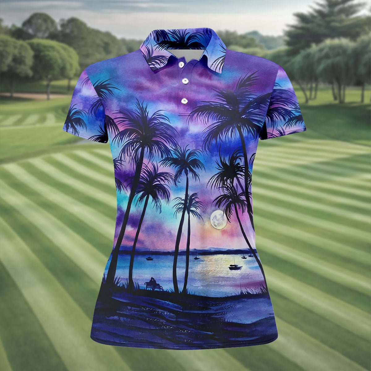 Moonlit Tropical Beach Palm Tree Golf Shirt, Women's Golf Shirt, Hawaiian Golf Shirt, Golf Polo For Women
