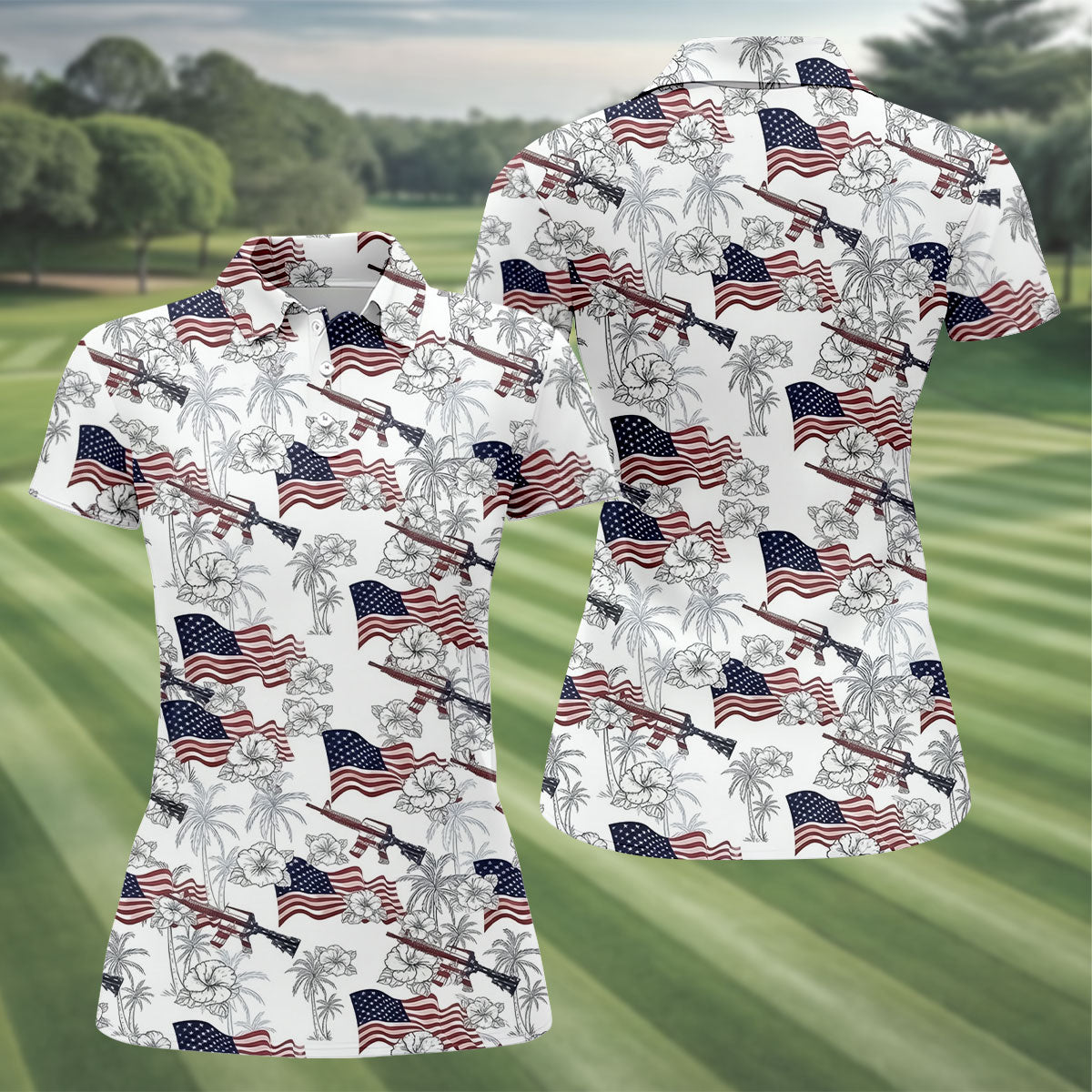 American Flag Pattern 4th Of July Tropical Vibe Patriotic Golf Shirt, 250th Anniversary Women's Golf Tops