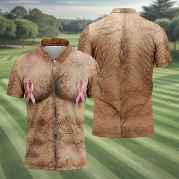 Pink Ribbon Hairy Chest Breast Cancer Golf Shirt, Mens Golf Polo, Golf Apparel For Men