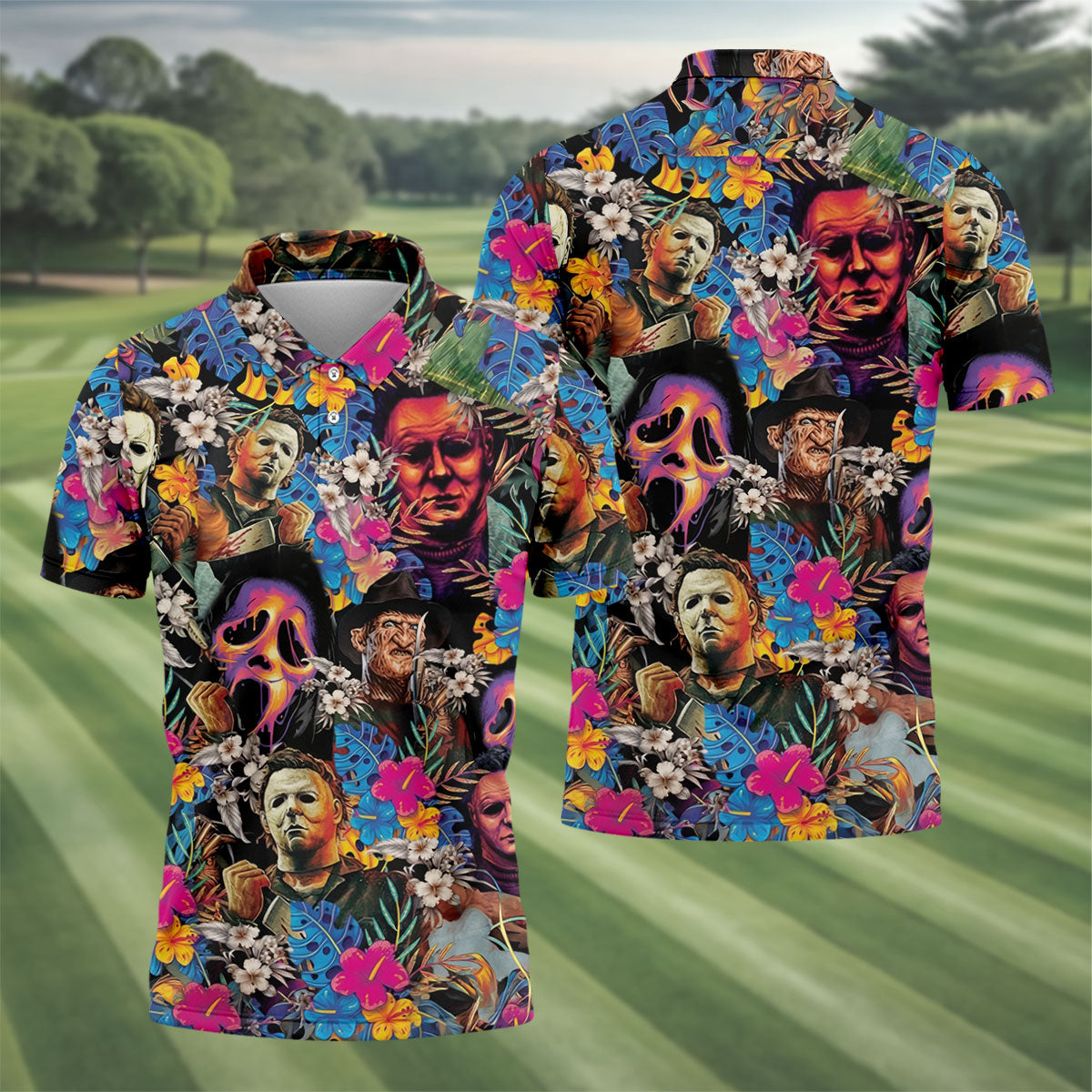 Tropical Horror Character Hawaiian Golf Shirt, Mens Golf Polo, Halloween Golf Apparel
