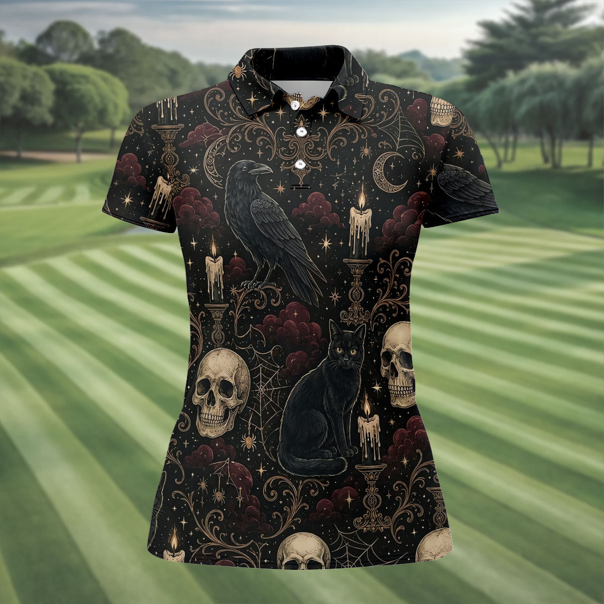 Gothic Raven Black Cat Skull Halloween Polo Shirt, Golf Polo For Women, Ladies Golf Shirts