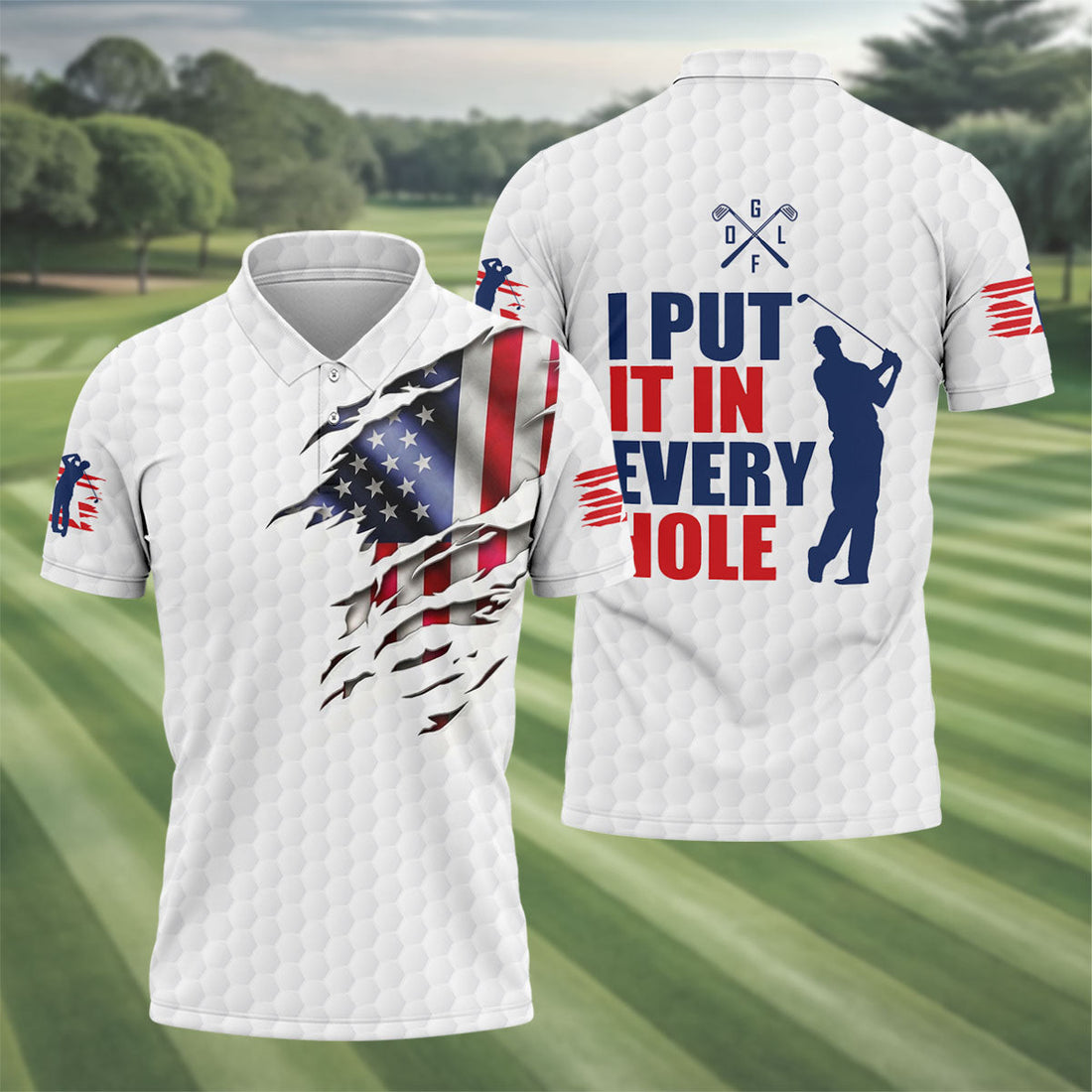 I Put It In Every Hole Ripped American Flag 250 Patriotic Golf Shirt, 4th Of July Golf Shirts For Men