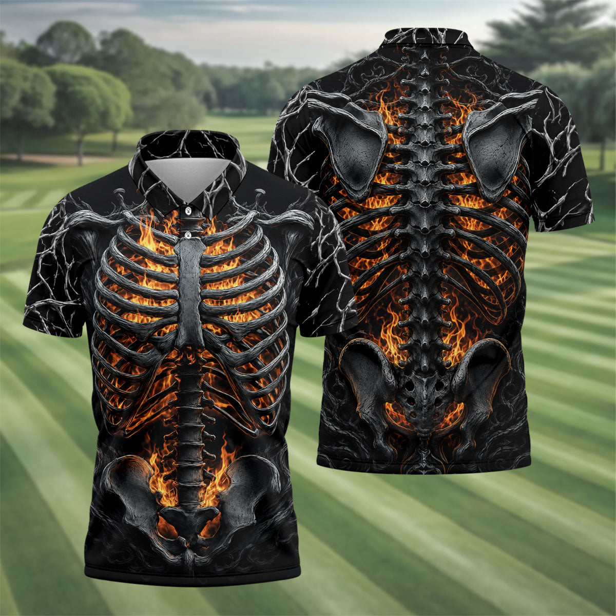 Halloween Fire Skeleton Horror Character Polo Shirt, Mens Golf Polo, Mens Golf Shirts