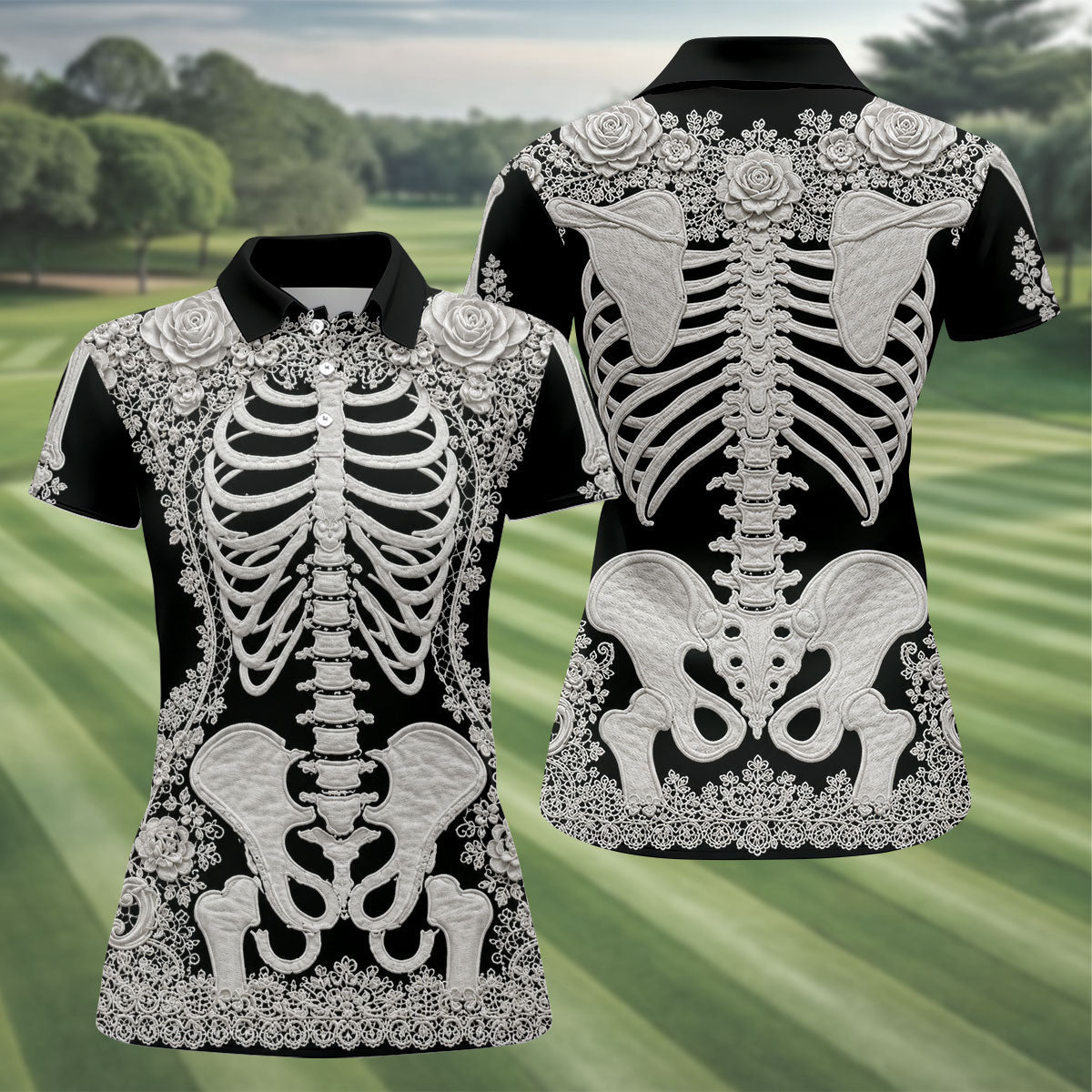 Floral Skeleton Halloween Golf Polo Shirt, Women’s Golf Polo, Golf Shirts For Women