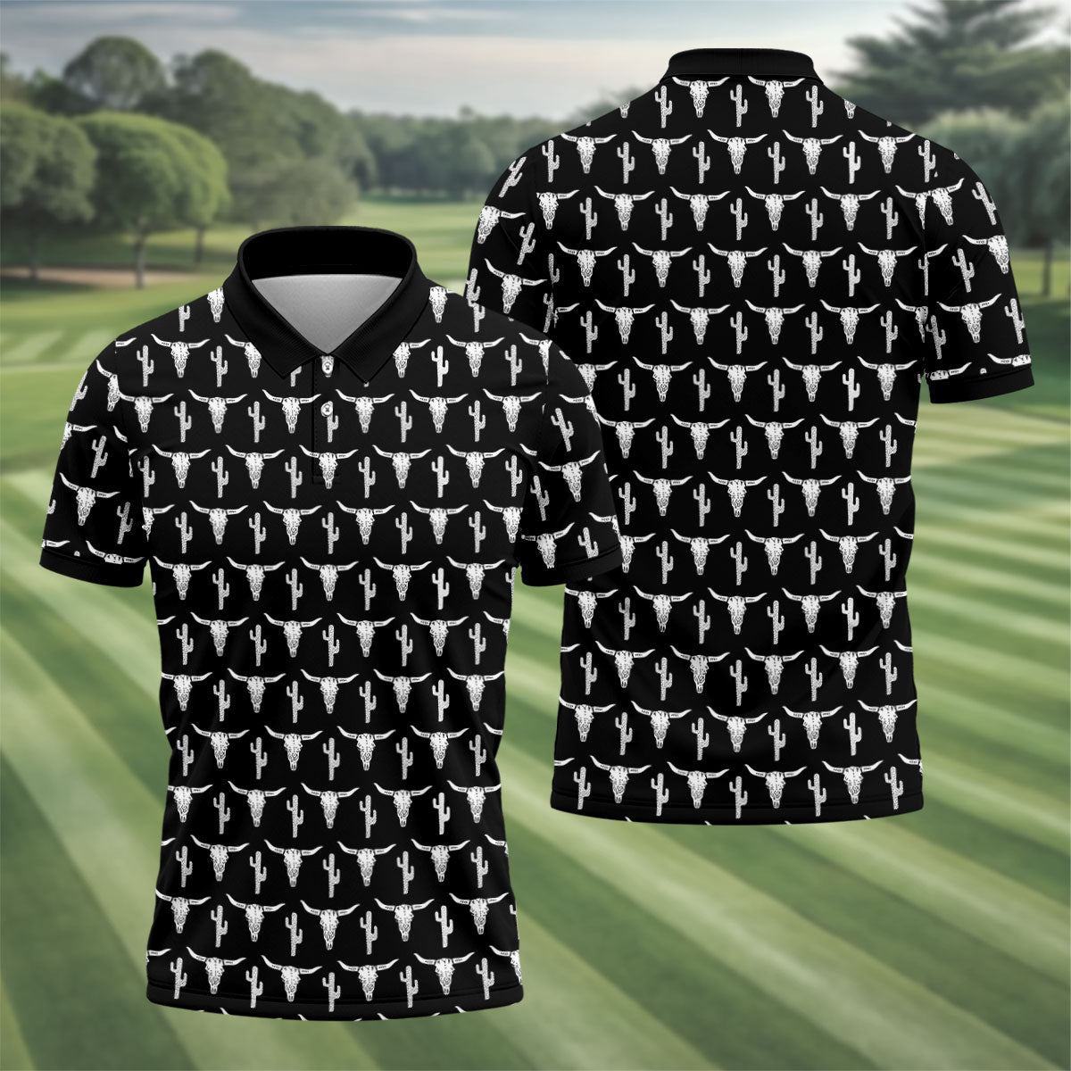 Longhorn Cow Skull Western Theme Black Golf Tops For Men, Polo ShirtFor Men, Golf Shirts For Men