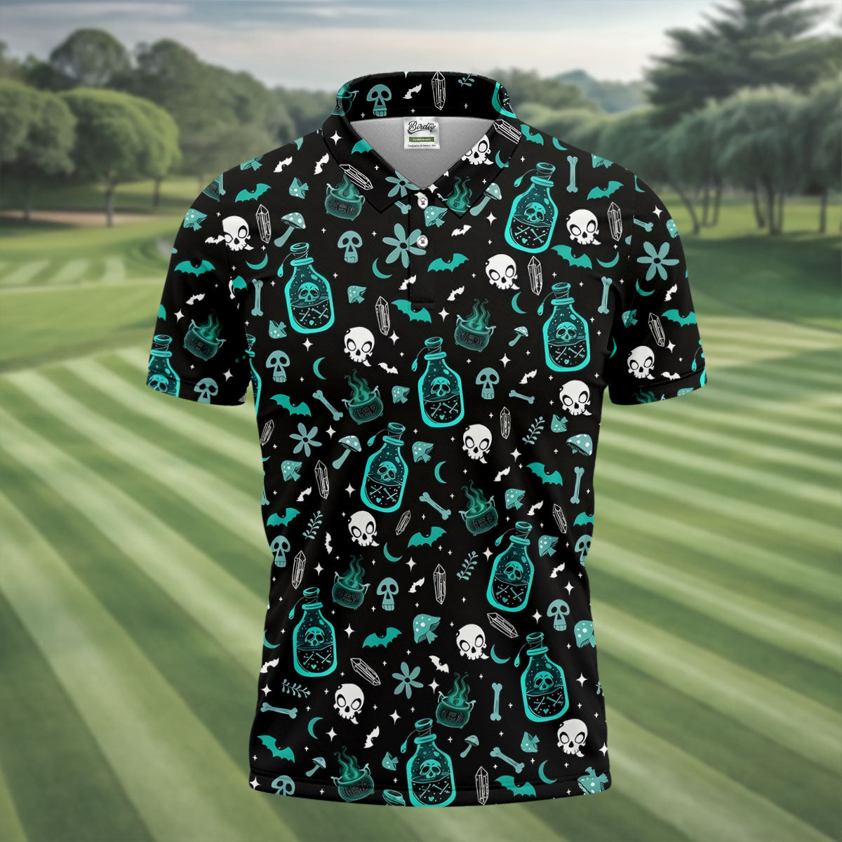 Skull Potion Halloween Pattern Polo Shirt, Printed Golf Shirts, Golf Apparel For Men