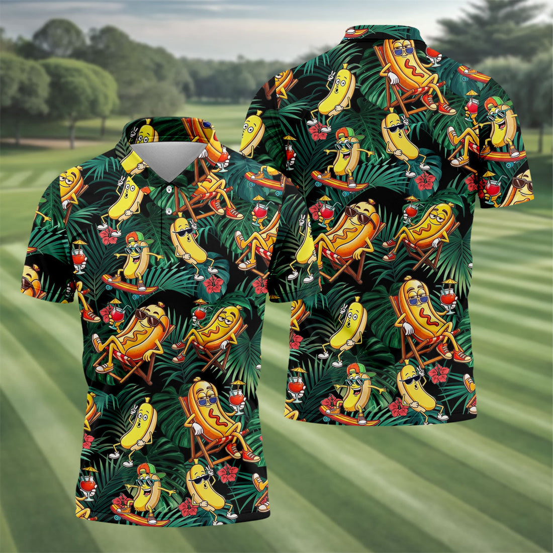 Funny Hot Dog Banana Tropical Hawaiian Golf Shirt, Mens Golf Polo, Printed Golf Shirts