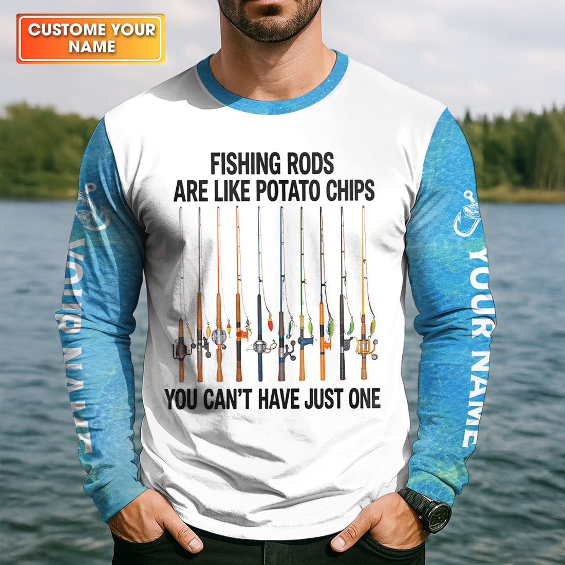 Fishing Rods Are Like Potato Chips Blue And White Funny Fishing Shirt, Fishing UPF Shirts, Fishing Shirts For Men