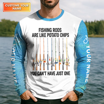 Fishing Rods Are Like Potato Chips Blue And White Funny Fishing Shirt, Fishing UPF Shirts, Fishing Shirts For Men