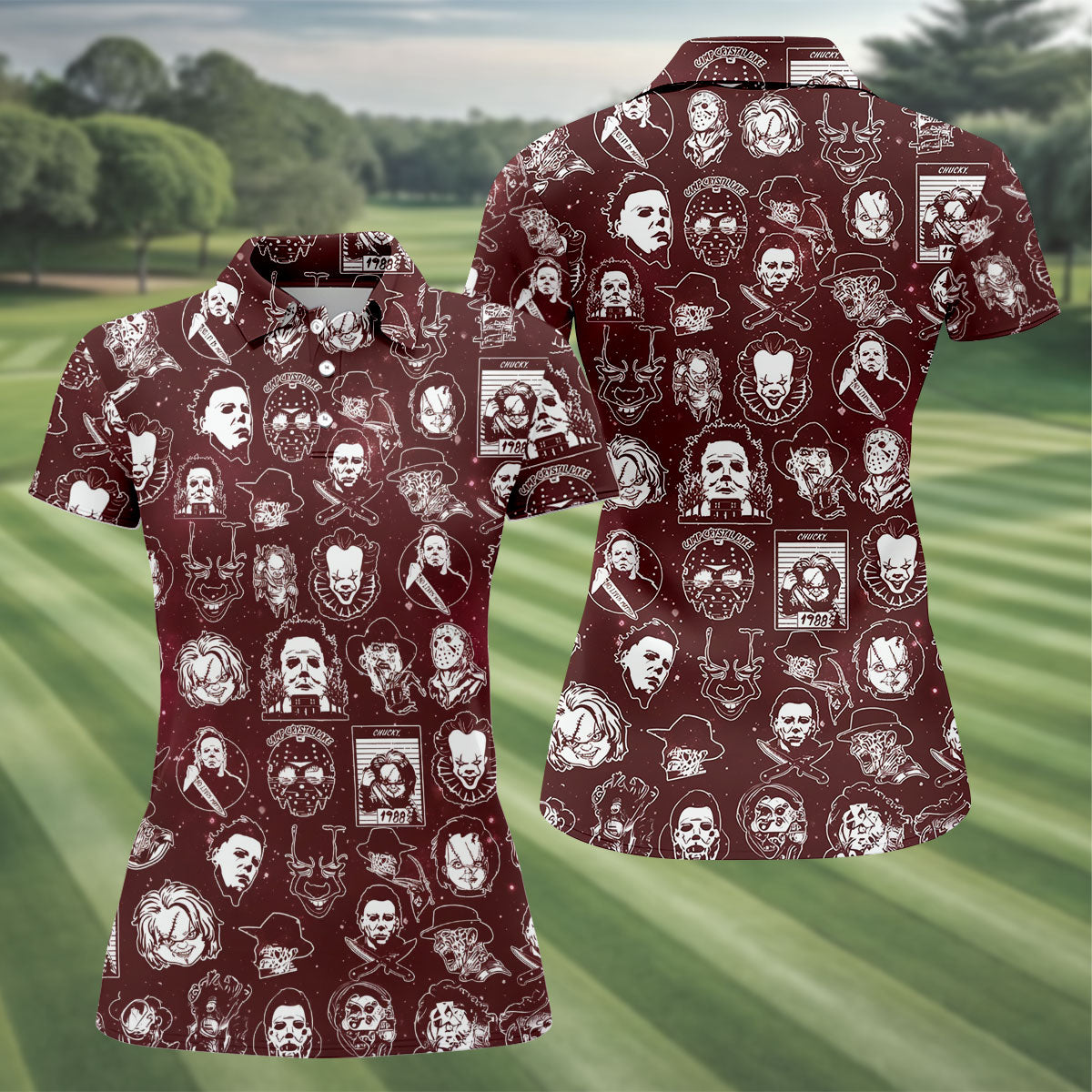 Vintage Halloween Horror Character Pattern Golf Shirt, Women's Golf Polo, Printed Golf Shirt