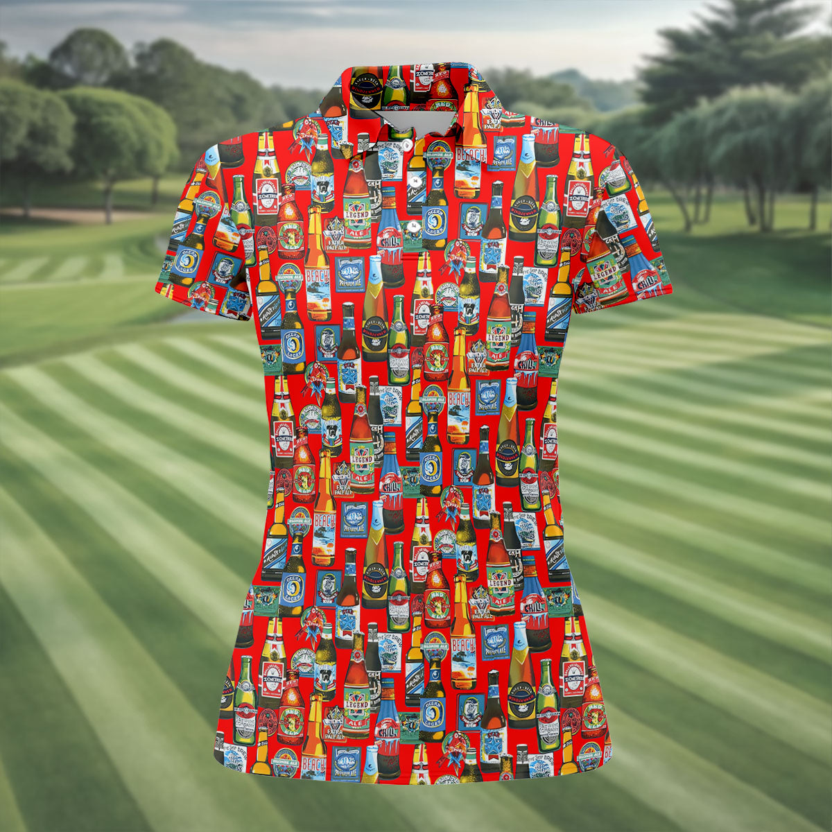Beer Bottle Labels Red Golf Shirt, Fun Women's Golf Shirts, Women's Golf Tops, Ladies Golf Shirt
