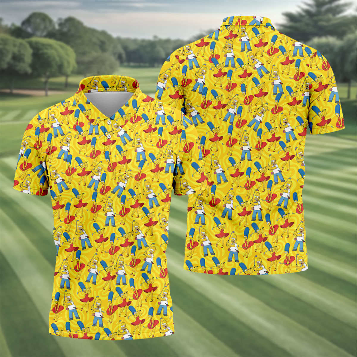 Funny Cartoon Couple Golf Pattern Polo Shirt, Mens Golf Polo, Golf Apparel For Men