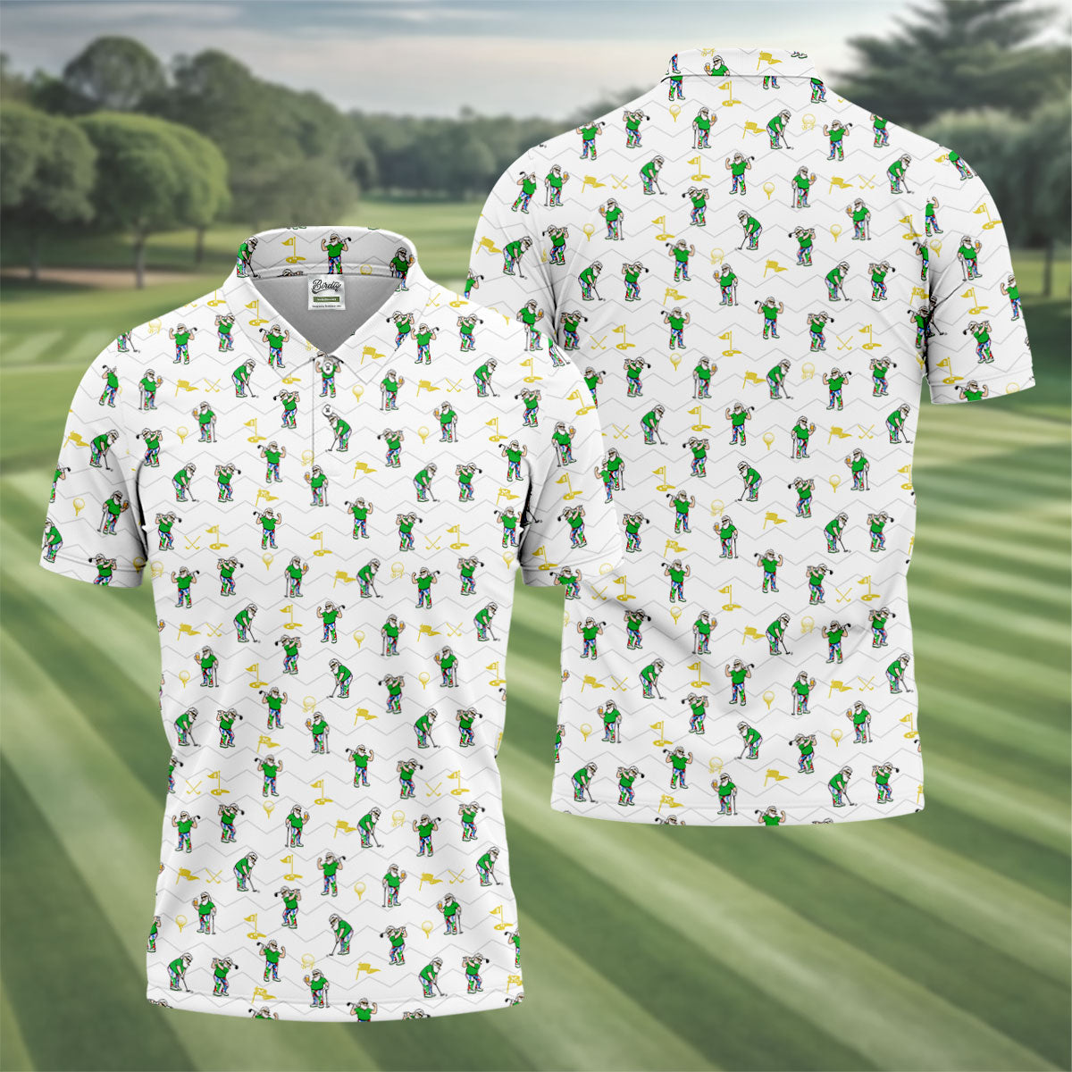 Funny Bearded Golfer Cartoon Pattern Polo Shirt, Mens Golf Polo, Polo Shirts For Men