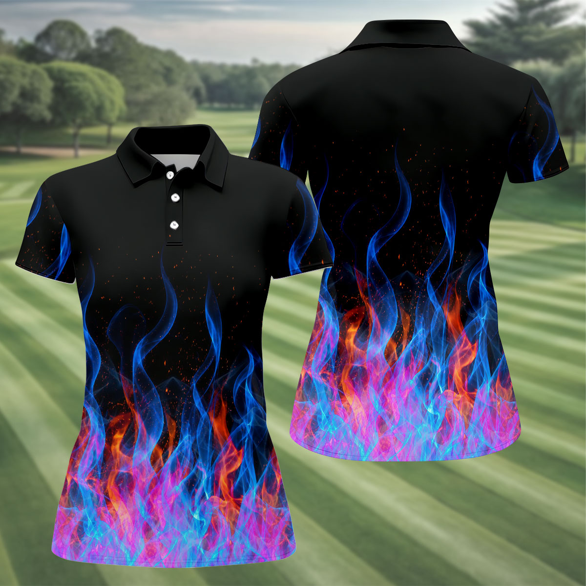Black Blue Flame Fire Pattern Golf Shirt, Ladies Golf Shirts, Women’s Golf Apparel, Printed Golf Shirt