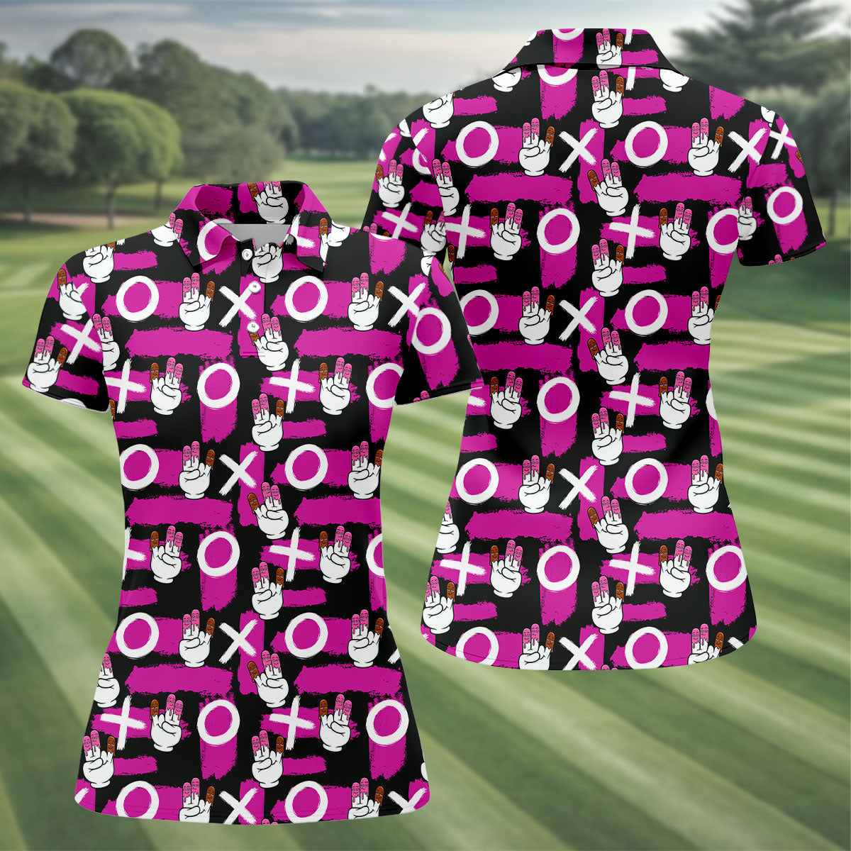 Chocolate Fingers Adult Humor XOXO Black Purple Fun Women's Golf Shirts, Valentines Golf Gift, Women's Golf Tops