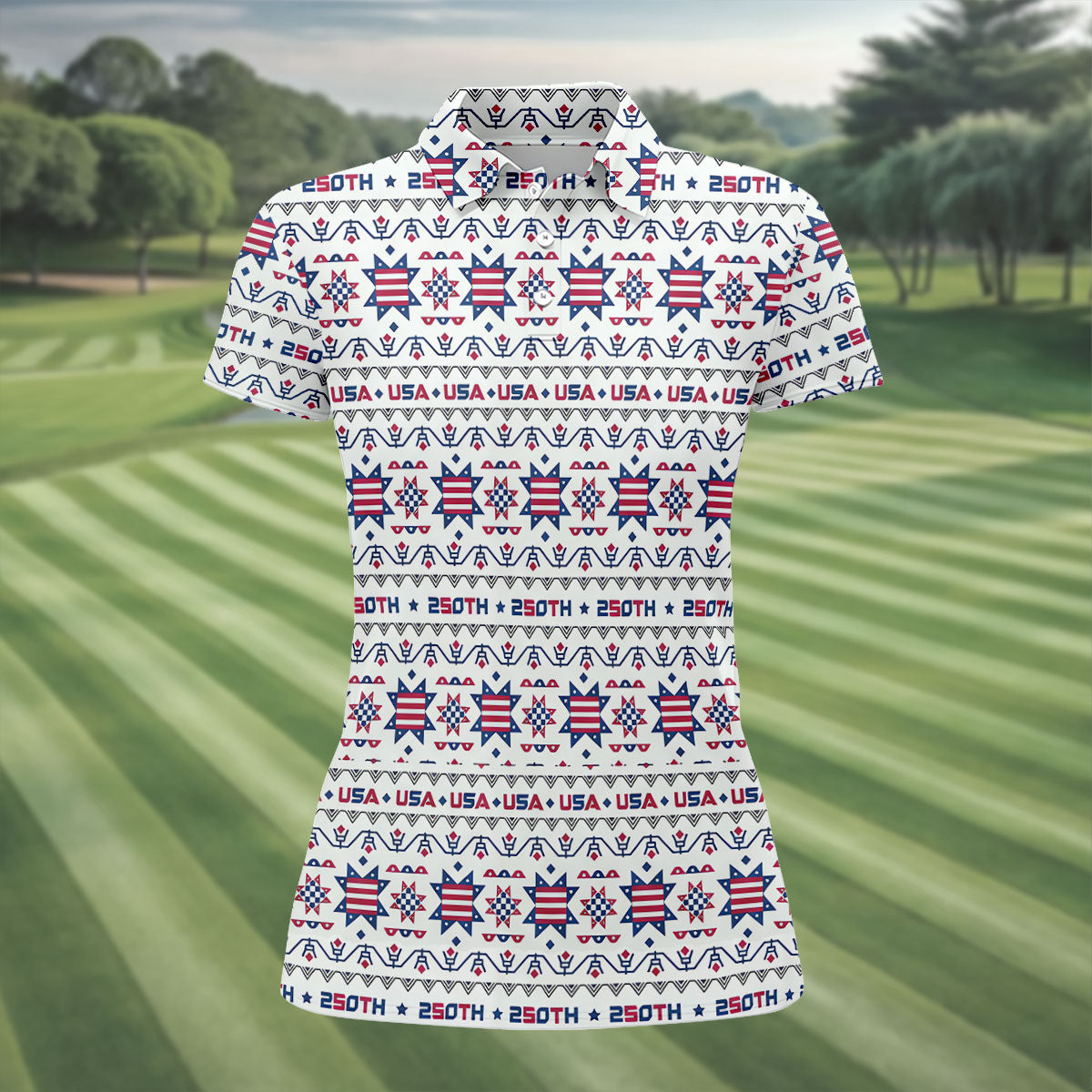 Red White Blue Ohio Star Quilt Pattern 4th Of July Women Golf Top, 250th Anniversary Patriotic Golf Shirt
