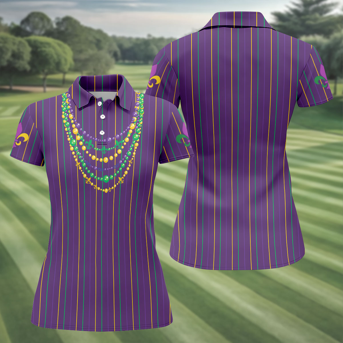 Mardi Gras Beads Necklaces Print Purple Golf Shirt, Women's Golf Shirts, Ladies Golf Polos, Golf Shirt For Women