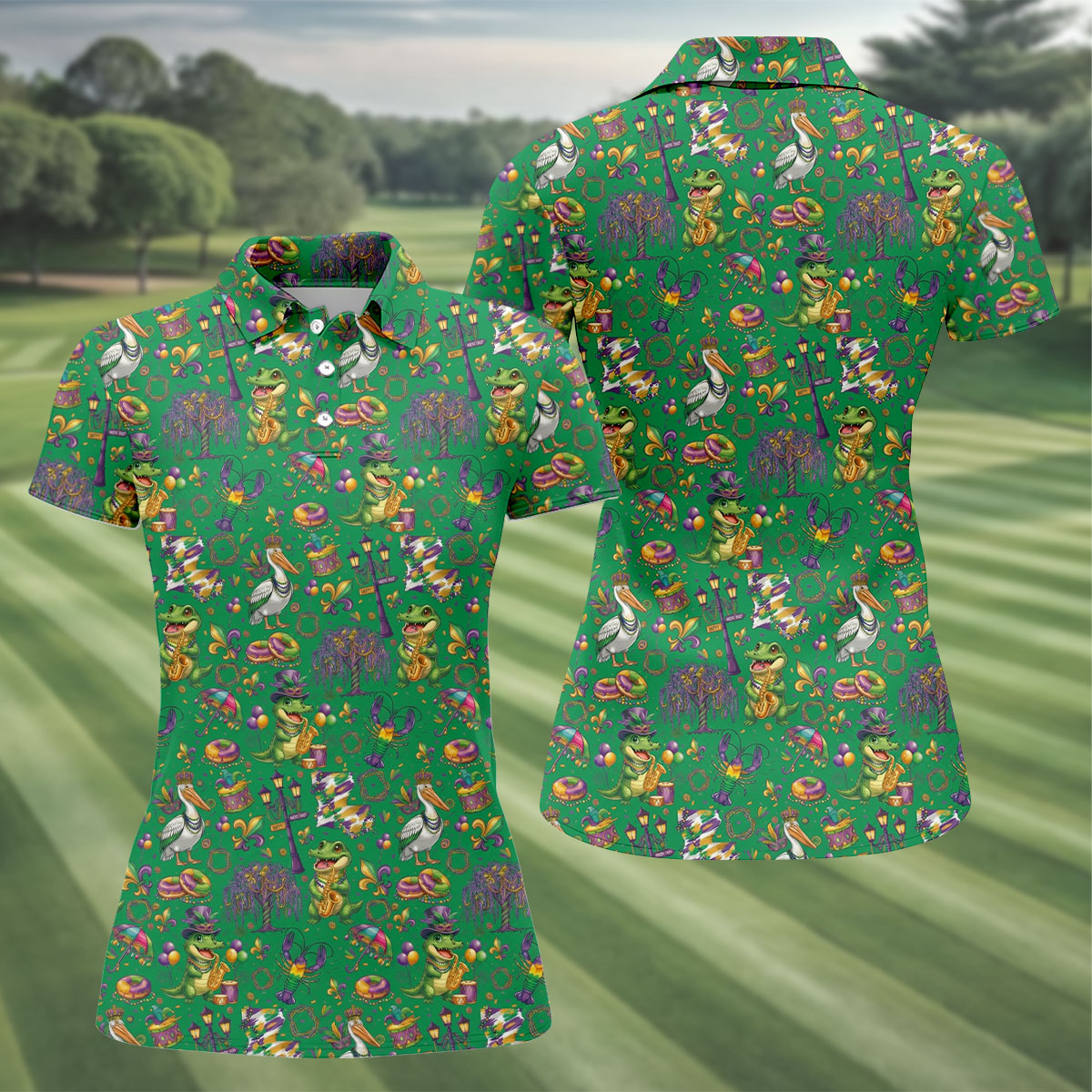 Mardi Gras Fleur De Lis Animal Band Green Golf Shirt, Women's Golf Shirts, Ladies Golf Polos