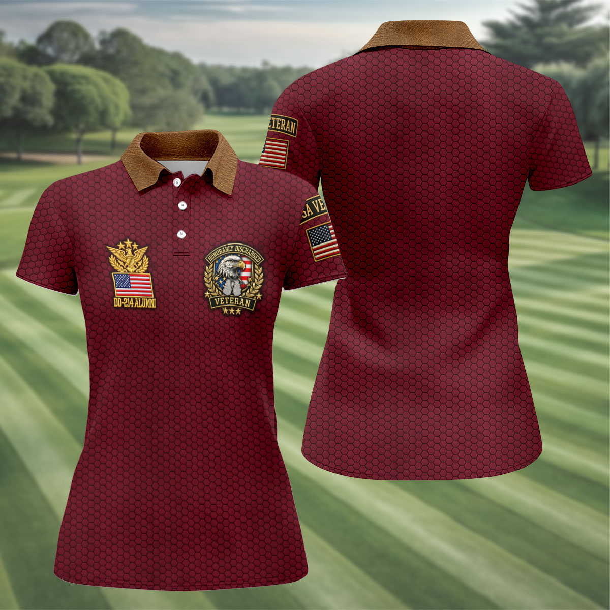 DD-214 Maroon Honeycomb Veteran Polo Shirt, Golf Shirts For Women, Veterans Day Shirt