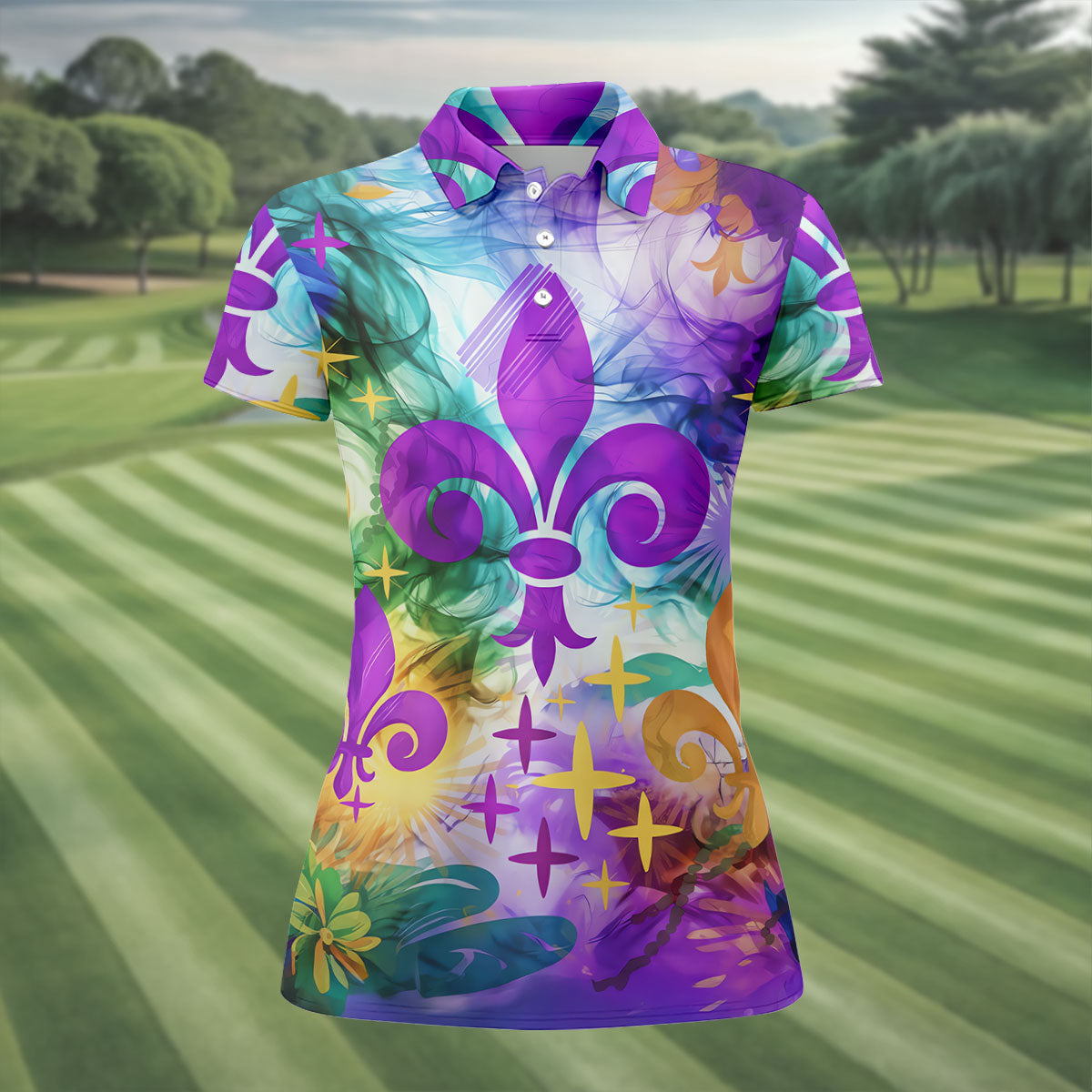 Mardi Gras Festival Fleur De Lis Symbol Purple Green Gold Women's Golf Tops, Ladies Golf Polos