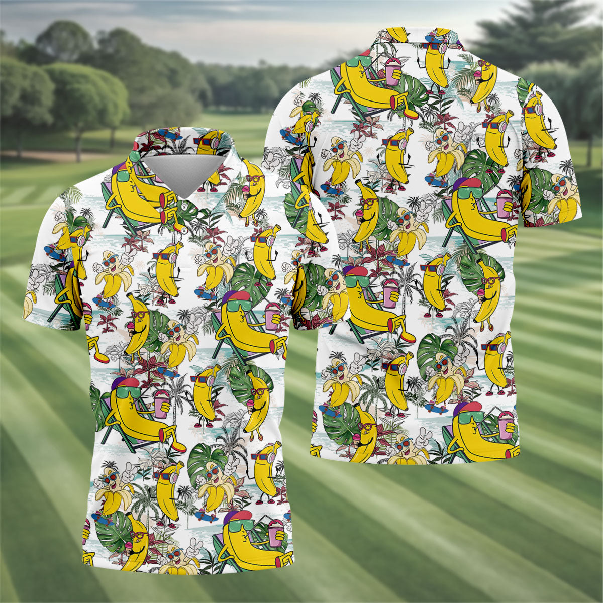 Cartoon Banana Characters On Tropical Island Hawaiian Golf Polo, Golf Tops For Men, Golfing Apparel