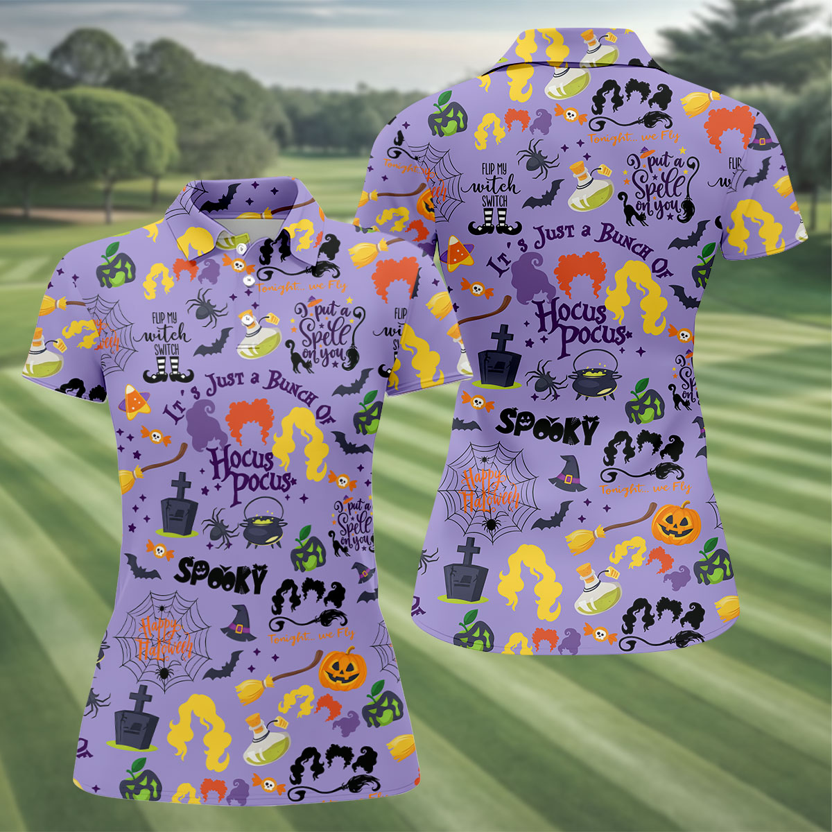 Happy Halloween Witch Spell Pattern Polo Shirt, Women's Golf Polo, Hawaiian Golf Shirt