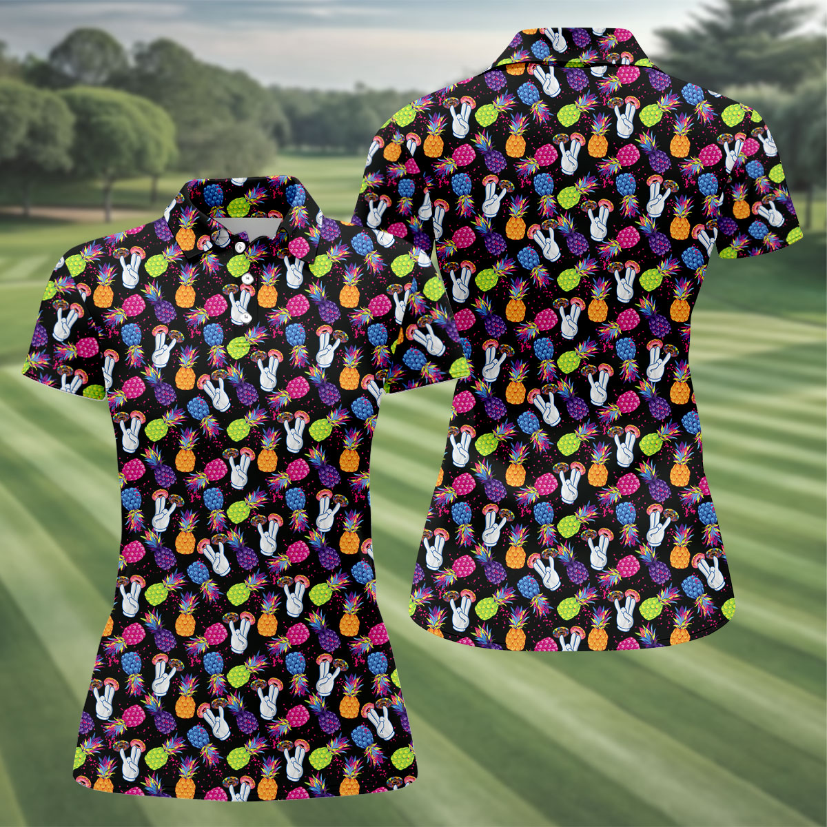 Hawaiian Pineapples Donut Finger Green Blue Pink Fun Women's Golf Shirts, Women's Golf Tops, Ladies Golf Shirts
