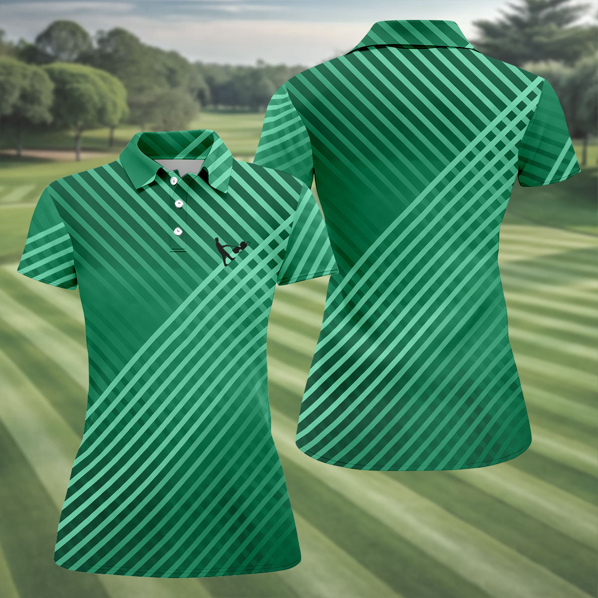 Green And White Striped Pattern Women's Golf Tops, Performance Golf Shirt, Ladies Golf Shirts
