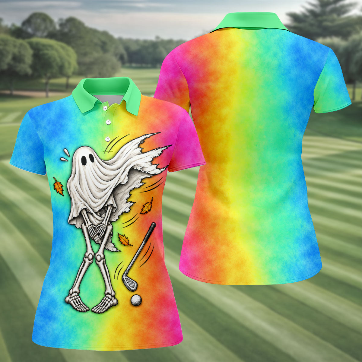 Windy Skeleton Ghost Golf Polo Shirt, Women's Halloween Shirt, Ladies Golf Shirts