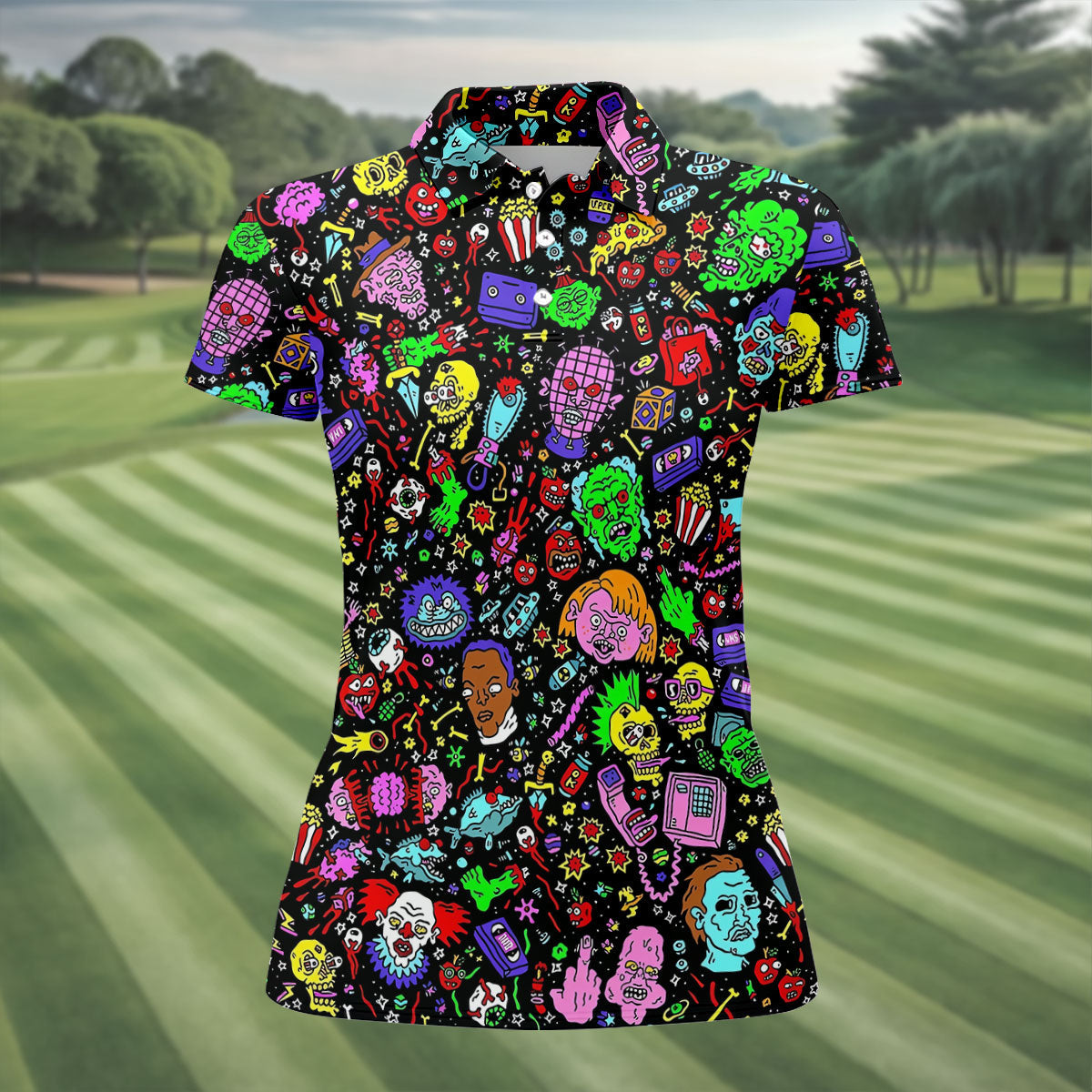 Halloween Horror Character Doodle Hawaiian Golf Shirt, Women's Golf Polo, Printed Golf Shirt