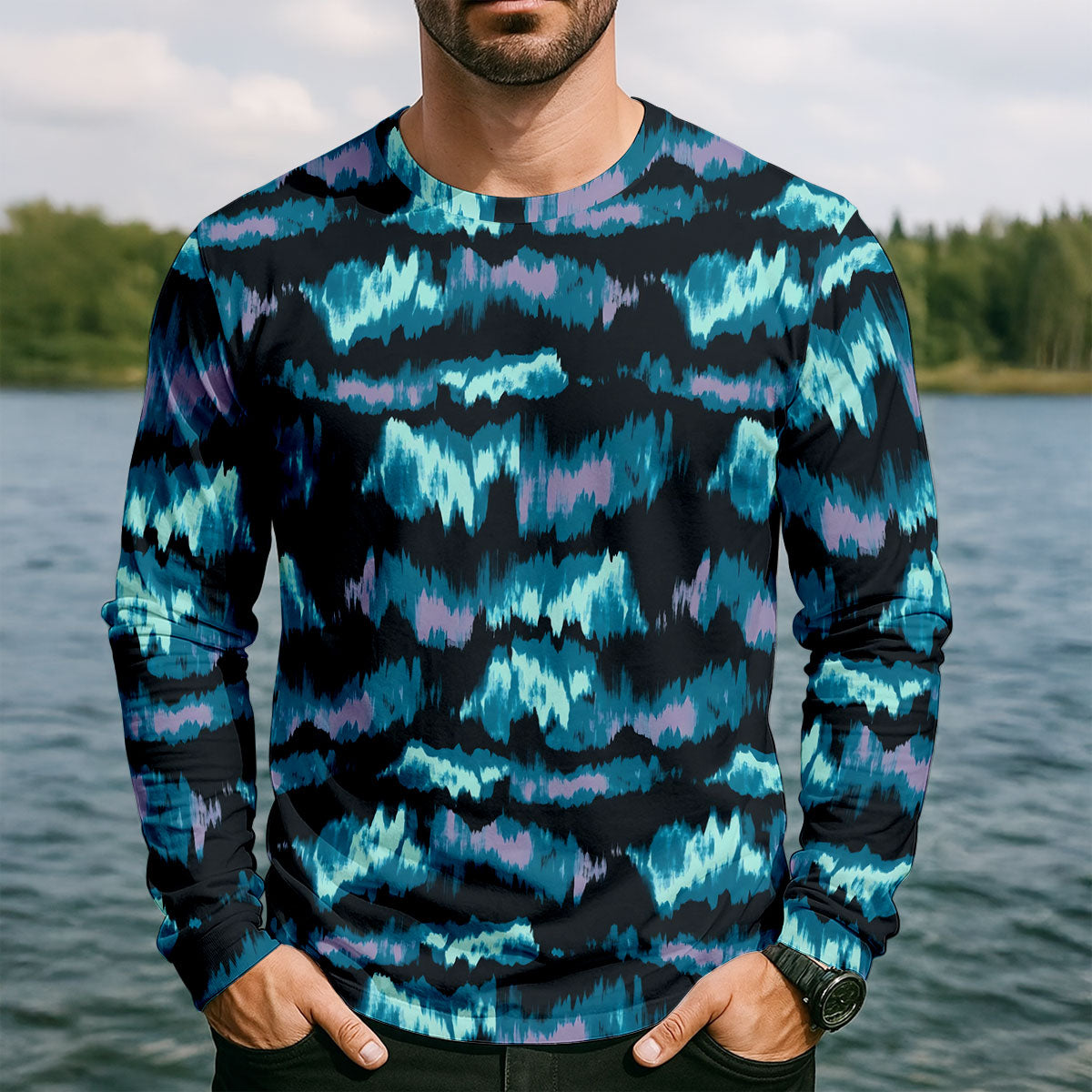 Blue Ikat Pattern Fishing UPF Shirts, Long Sleeve Fishing Shirts, Fishing Shirts For Men