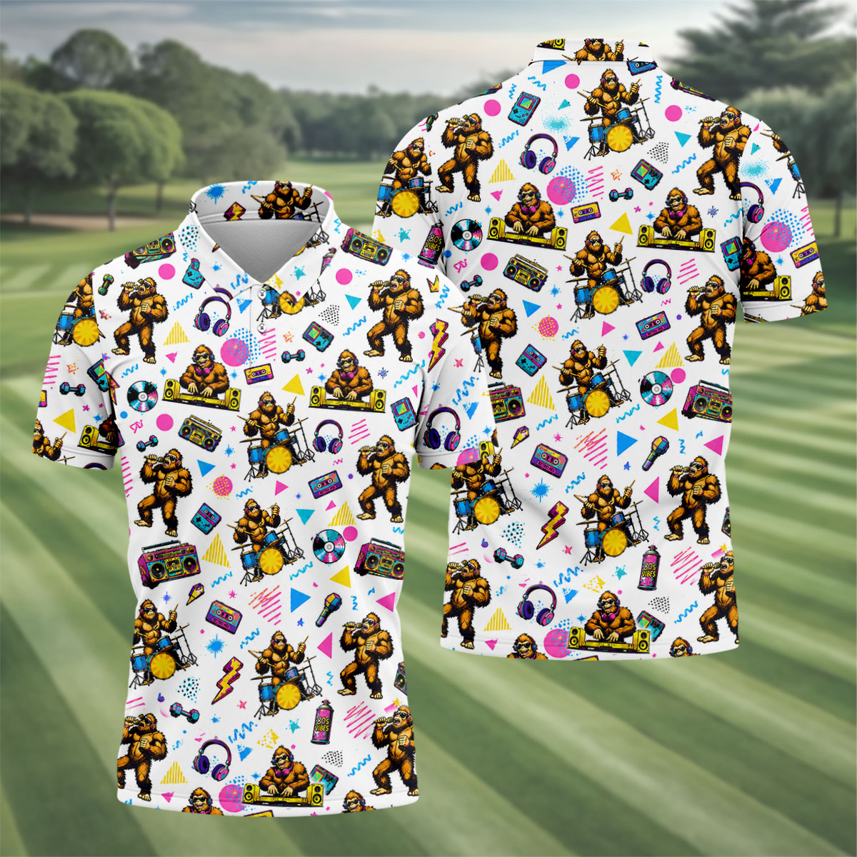 Bigfoot Party Memphis Pattern Retro Golf Shirt, Hawaiian Golf Shirt, Polo Shirts For Men