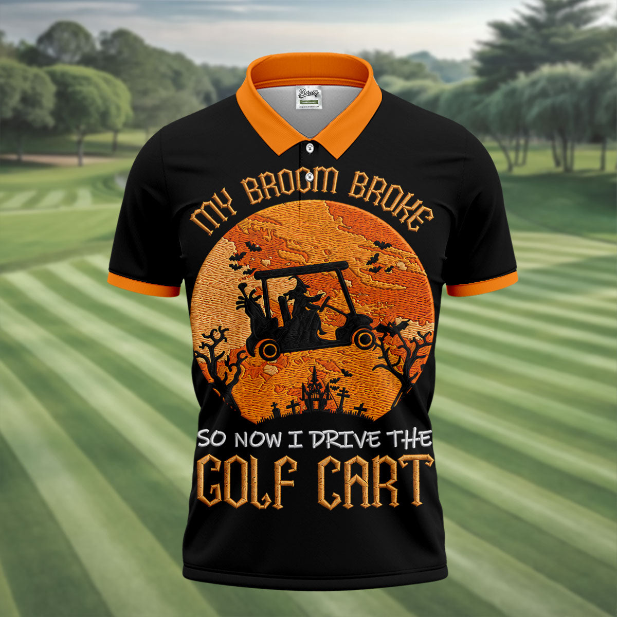 Broom Broke Now I Drive Golf Cart Halloween Polo Shirt, Mens Golf Polo, Mens Polo Shirts
