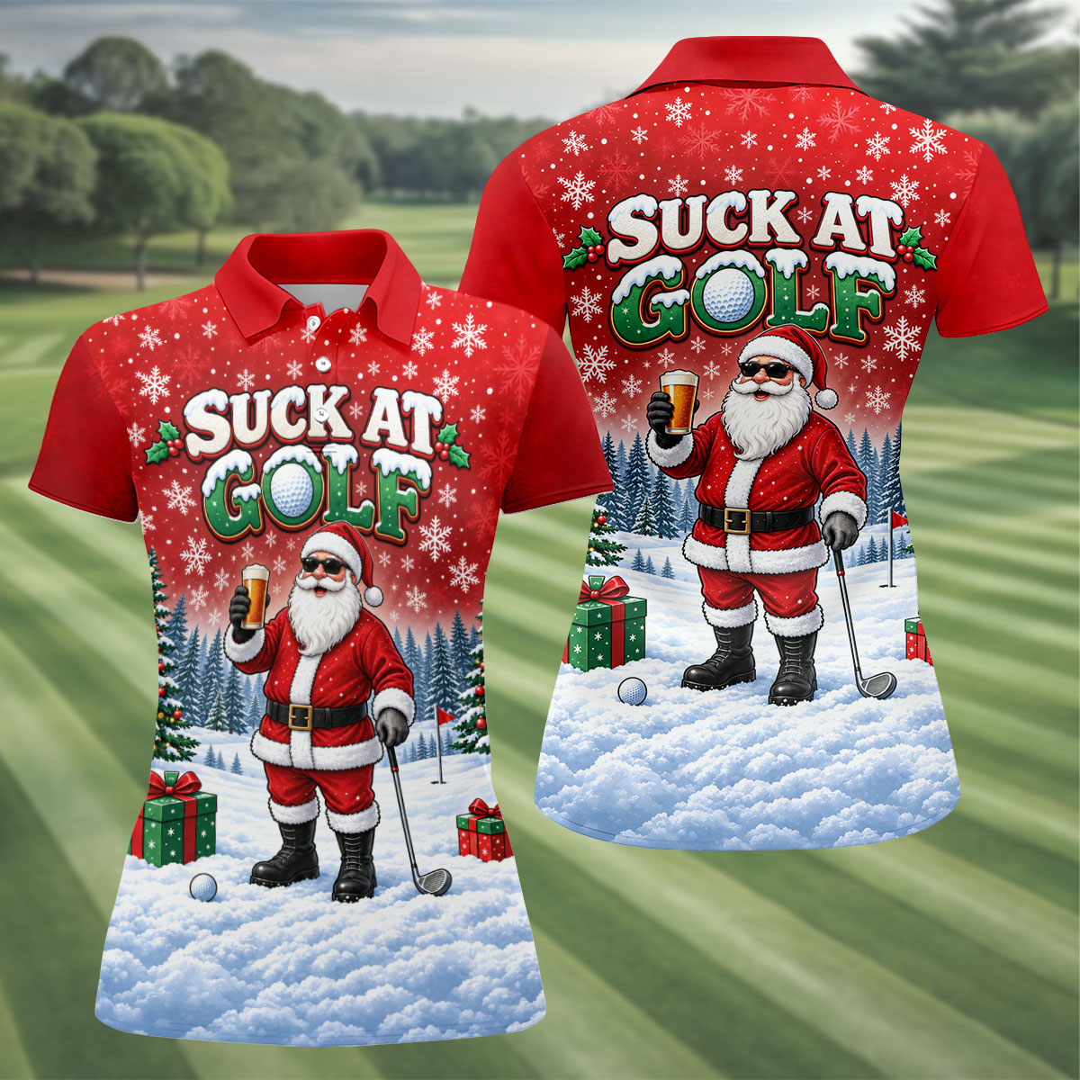 Suck At Golf Santa Beer Christmas Golf Shirt, Ladies Golf Shirts, Golf Tops For Women