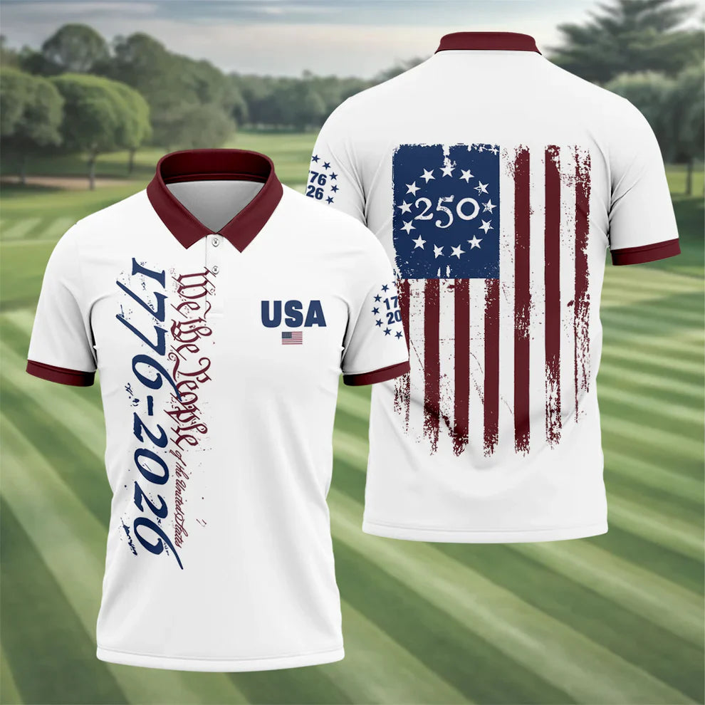 We The People 1776-2026 Patriotic Golf Polo - America 250th Anniversary Men's White Shirt, Betsy Ross Flag Style