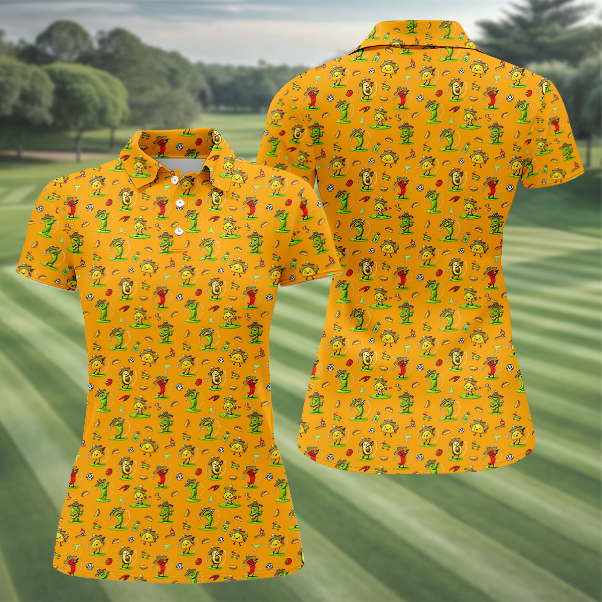Mexican Cartoon Food Characters Cinco De Mayo Celebration Fiesta Themed Yellow Golf Shirt For Women