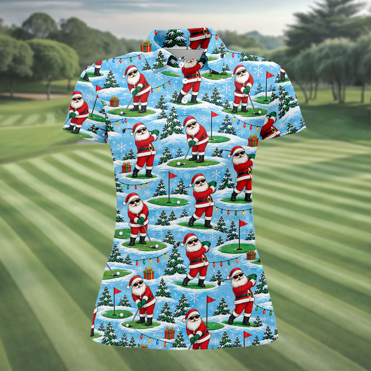 Santa Playing Golf In Snow Christmas Golf Shirt, Womens Golf Tops, Ladies Golf Shirts