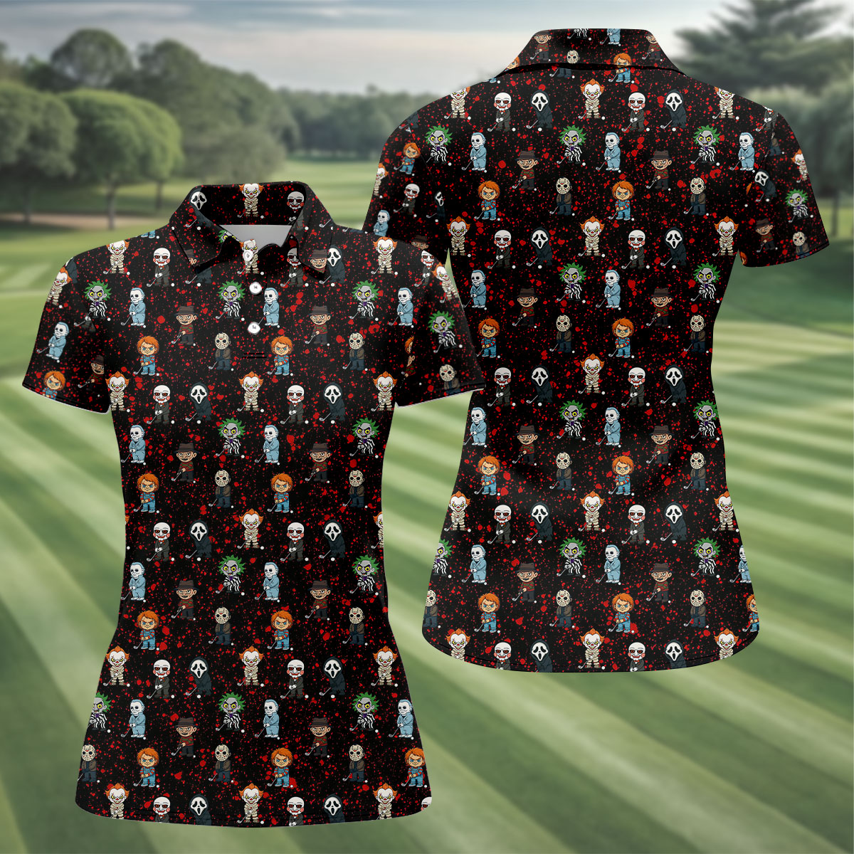 Black Horror Character Golf Polo Shirt, Women's Golf Polo, Ladies Golf Shirts