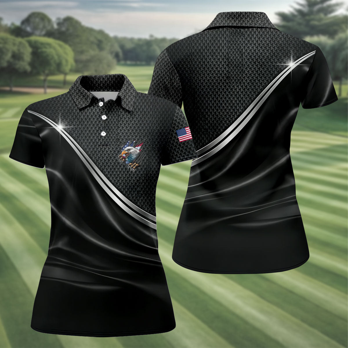 US Bald Eagle Flag Ripped Effect Patriotic Black Golf Shirt, 250 Years 4th Of July Golf Shirt For Women