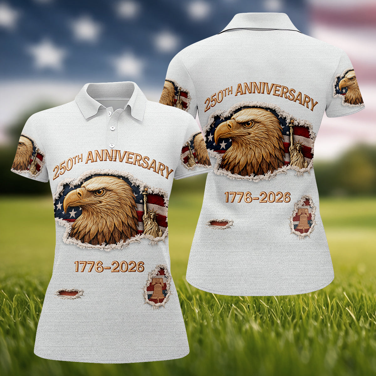 250th Anniversary 1776-2026 American Flag And Eagle Women's Golf Tops, Patriotic Golf Shirt, Ladies Golf Shirts