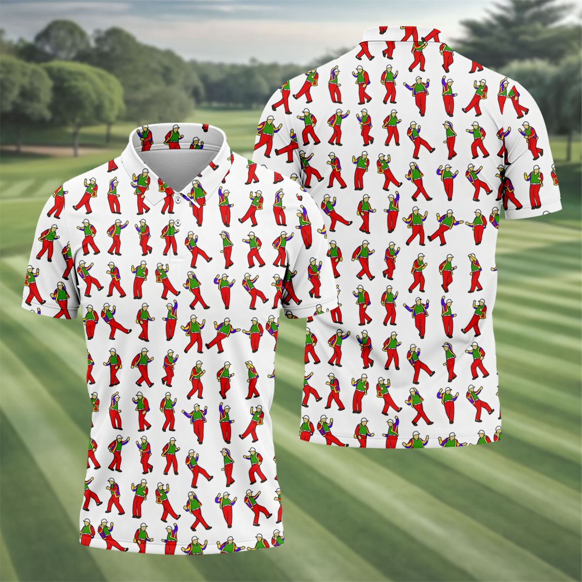 Colorful Dancing Character Pattern Polo Shirt, Hawaiian Golf Shirt, Mens Golf Apparel