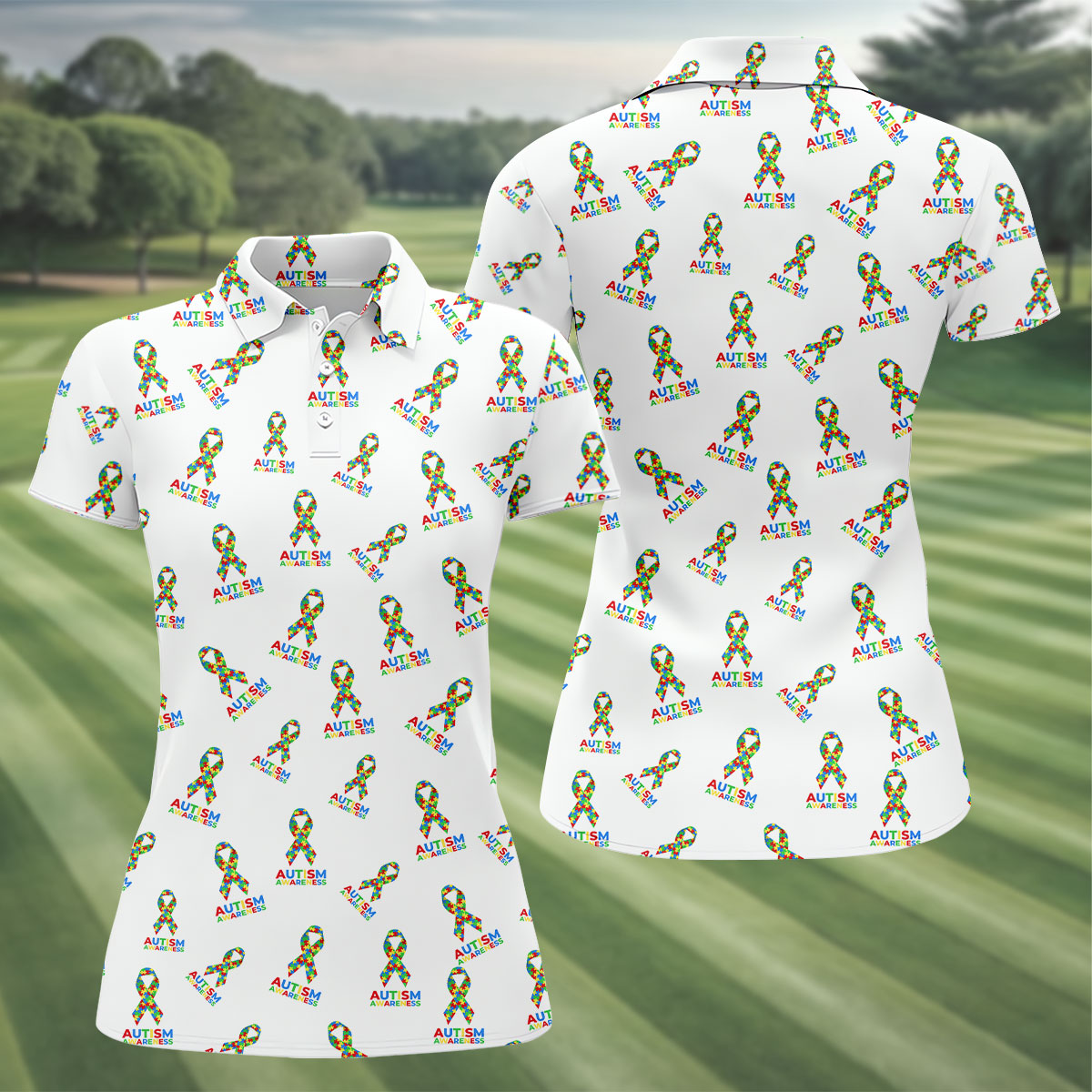 Autism Awareness Colors Autism Ribbon White Golf Shirt, Women's Golf Tops, Ladies Golf Polos
