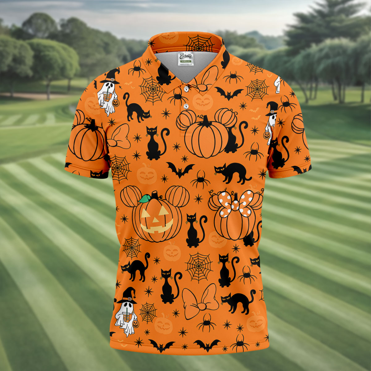 Black Cat and Pumpkin Halloween Polo Shirt, Golf Polo Apparel, Mens Golf Outfit