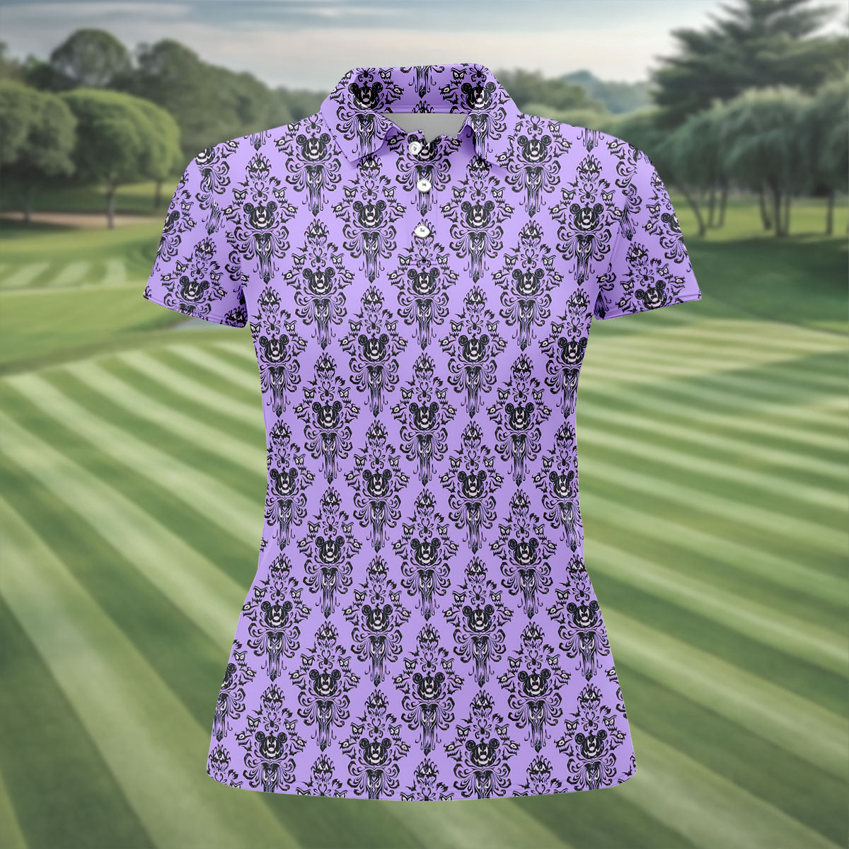 Purple Demon Face And Bat Halloween Polo Shirt, Golf Polo For Women, Ladies Golf Shirts