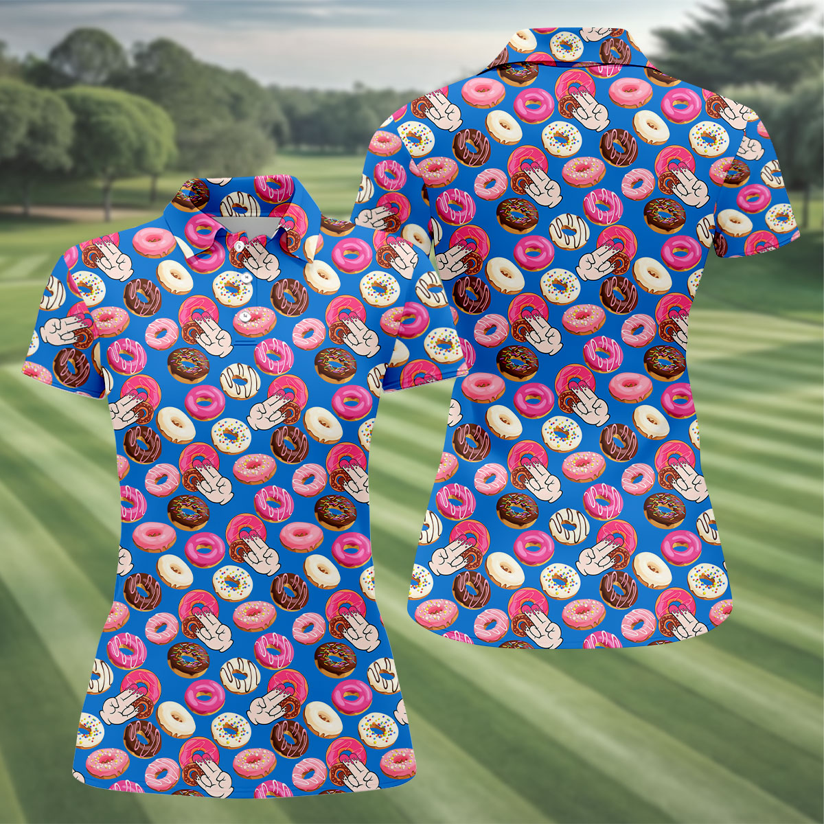 Funny Donut Adult Humor Blue And Pink Fun Women's Golf Shirts, Women's Golf Tops, Ladies Golf Shirts