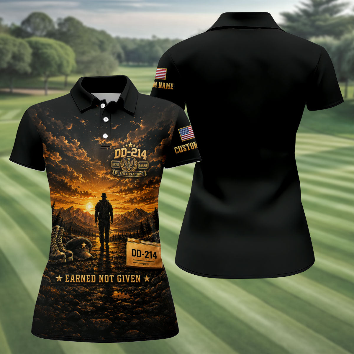 Custom DD-214 Sunset Soldier Golf Polo Shirt, Womens Golf Polo, Veterans Day Shirt