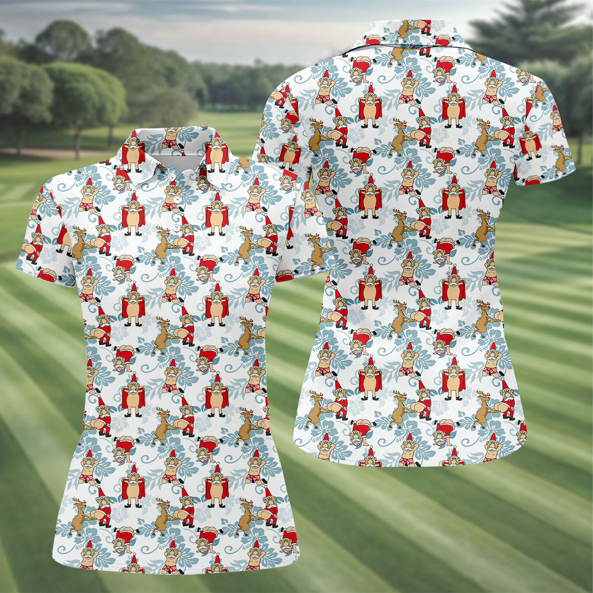 Funny Santa Reindeer Christmas Hawaiian Polo Shirt, Womens Golf Polo, Golf Shirts For Women