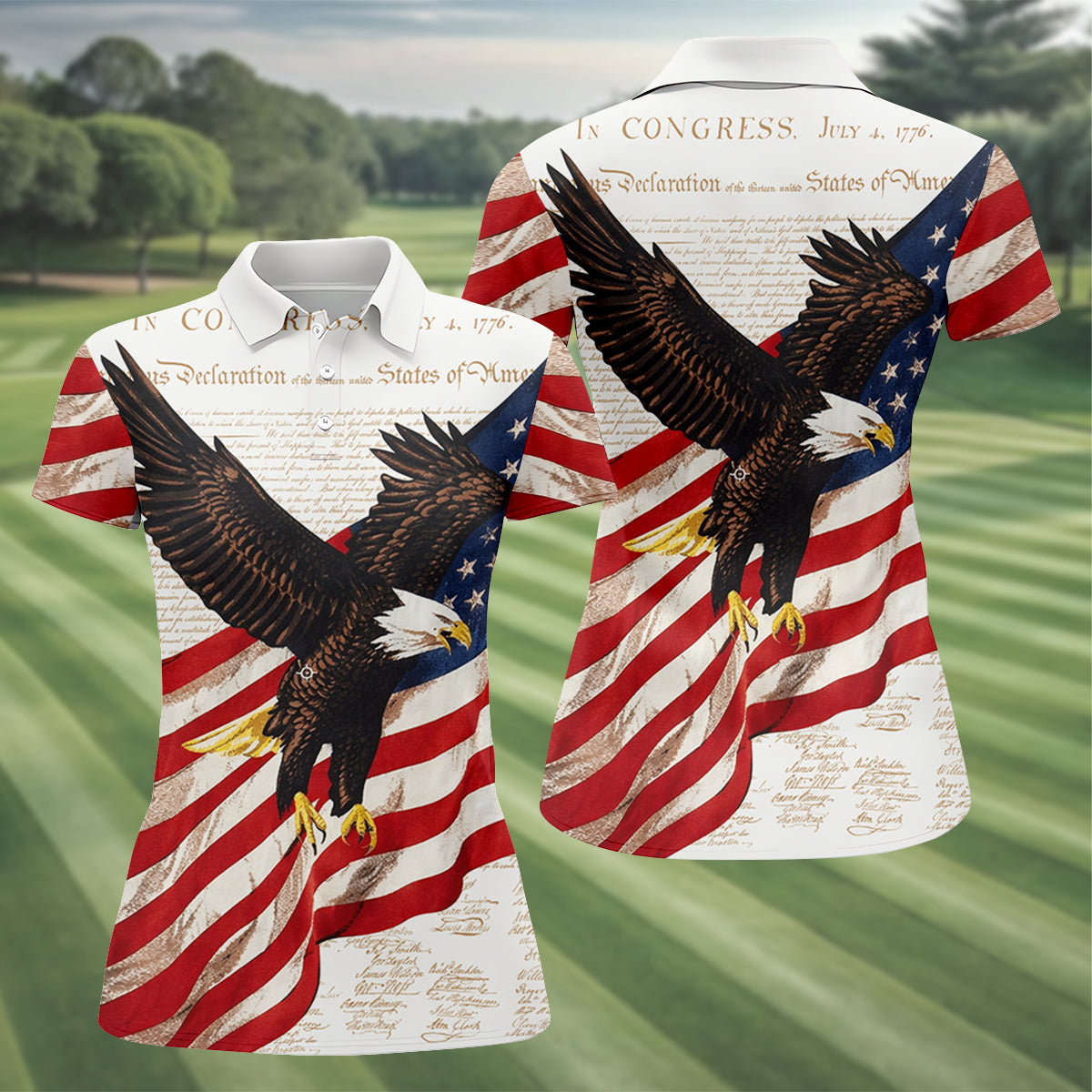 American Flag And Eagle Patriotic Pride Women's Golf Tops, 250th Anniversary Patriotic Ladies Golf Shirts